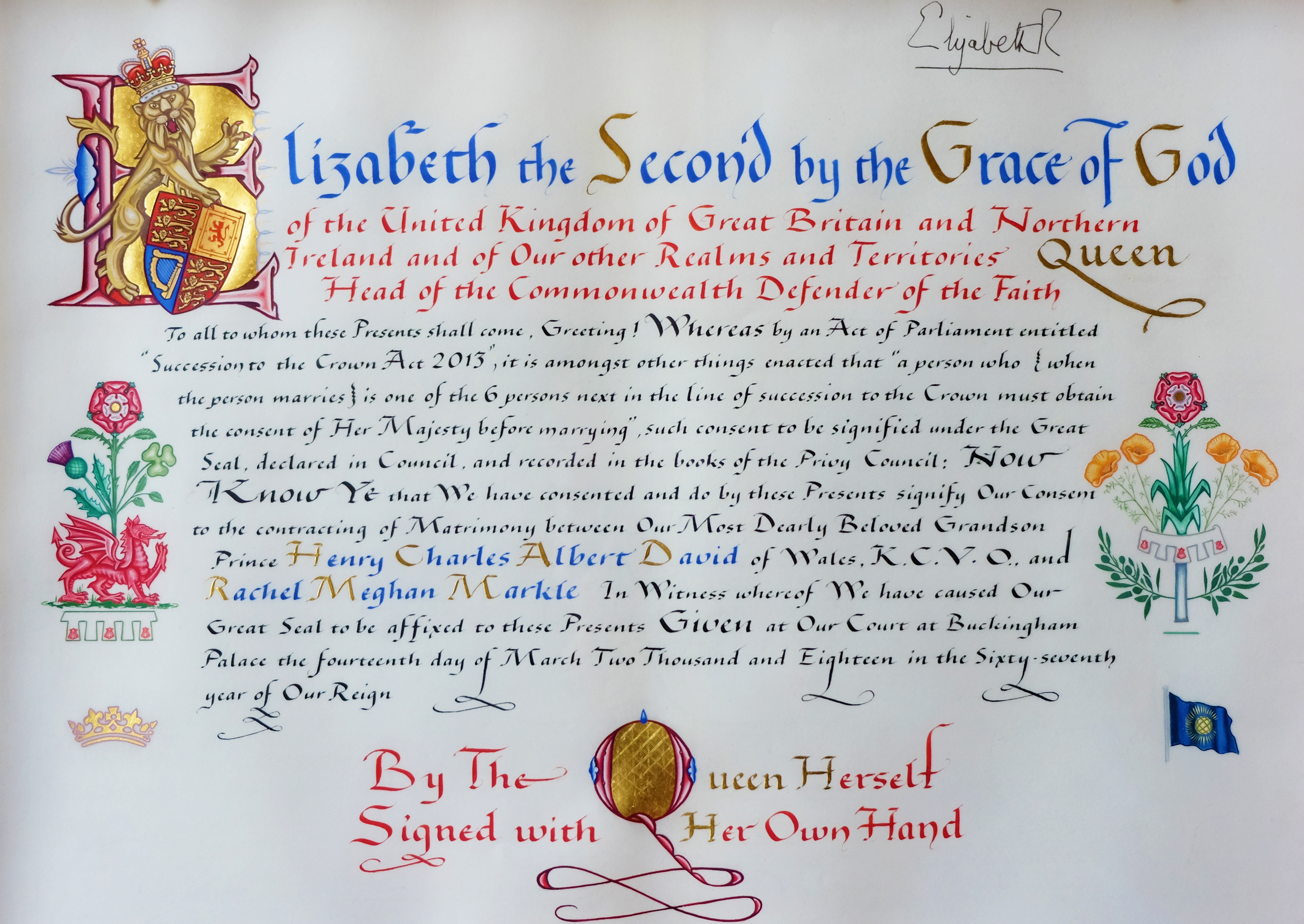 Обнародована грамота Елизаветы II о согласии на брак принца Гарри и Меган Маркл